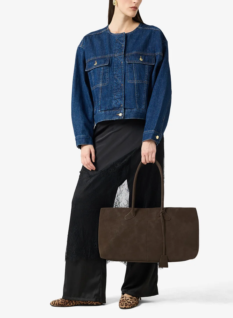 ELLA Brown east-to-west suede tote bag with handle and tag detail for Women | Best Price UAE